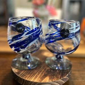 Set of 2 Handblown in Mexico Confetti Swirl Recycled Glass Goblets COBALT BLUE